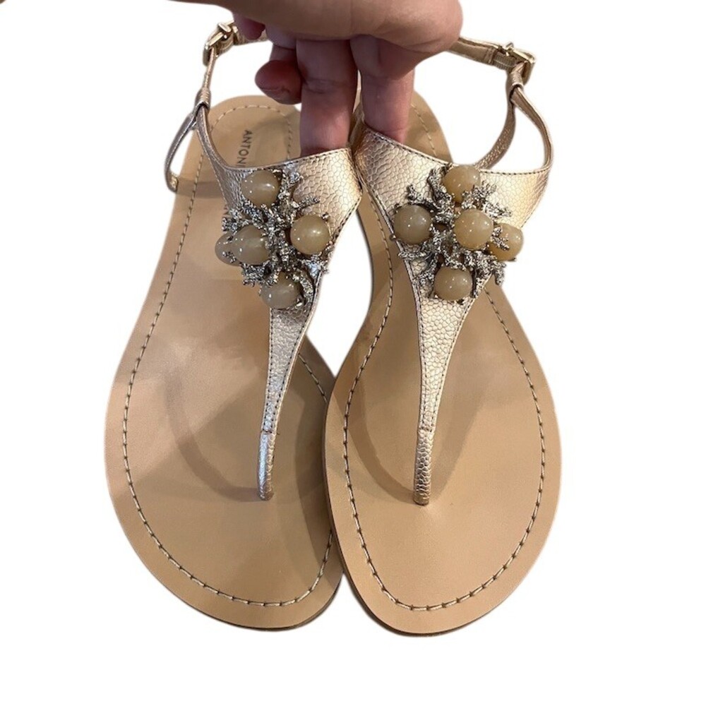ANTONIO MELANI Gold T-Strap Jeweled Sandals